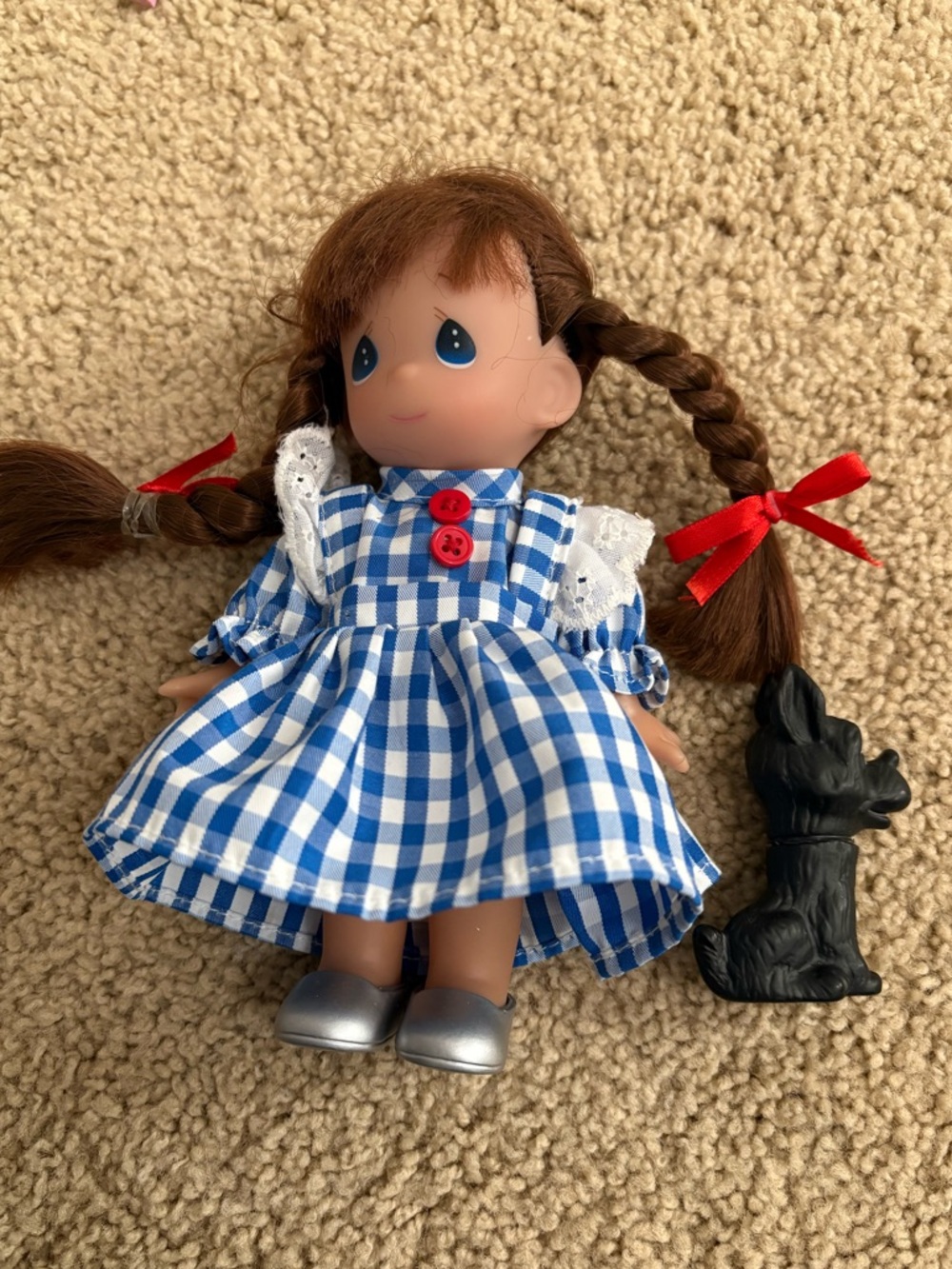 Precious Moments Blue Gingham Dress Doll with Red Hair Bows and Silver Shoes